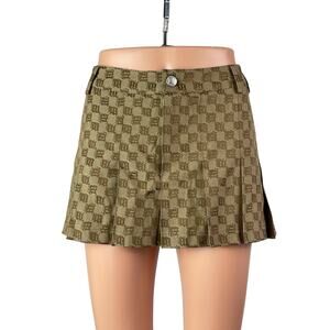NEW MISBHV Monogram Jacquard Women's Brown Checkered Pleated Mini Flare Skirt L